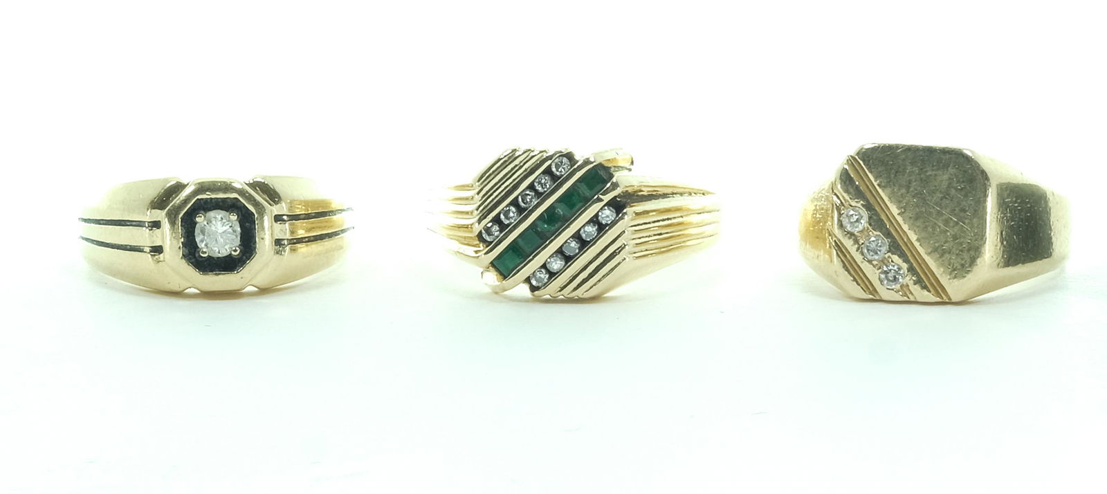 Three 14K Men's Dress Rings - Diamonds, Emerald (1 of 6)