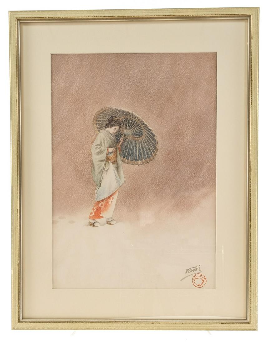 Japanese Watercolor of Walking Woman (20th cent.): Signed Japanese watercolor painting of a young woman walking with an umbrella. Signed "Tani" in watercolor with a red ink stamp below. Watercolor on paper. Ca. early - mid 20th cent. Little is known o