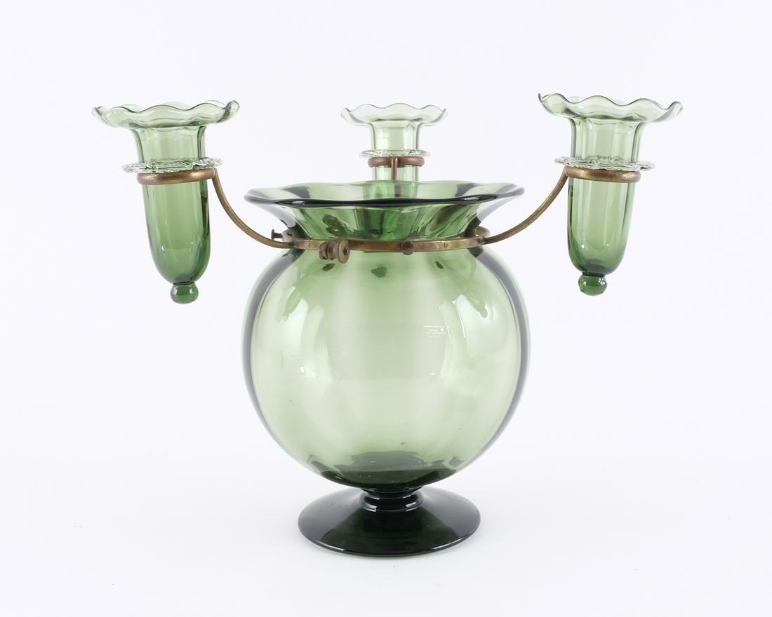 English Art Glass Epergne: Bronze mounted Bulbous Green Glass Vase, Late 19th or Early 20th Century. Polished Pontil, unmarked. Excellent Condition. 10.5" tall, 12.5" wide.