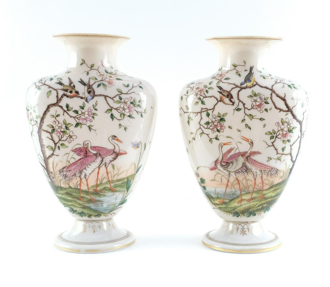 Pair of French Opaline Glass Vases: Enamel Birds: Chinoiserie French Opaline Art Glass vases with all-over gilt and enamel decoration of birds and flowering trees. 19th Century, France. Unmarked. Lamped with each drilled for mounts. Otherwise VG+ Con