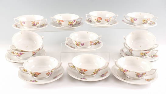 12 Herend Porcelain Cream Soups & Saucers: Set of 12 Herend porcelain cream soups and matching saucers. Herend Porcelain Manufactory. Hungarian, ca. mid 20th century to contemporary. Marked. Hand painted floral designs in a bouquet pattern. Go