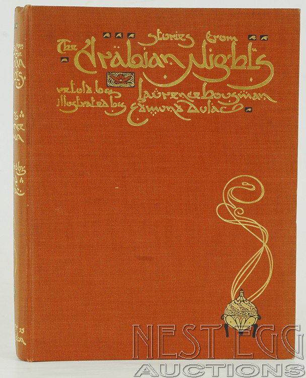 Stories From The Arabian Nights. Housman & Dulac: Retold by Laurence Housman with Drawings by Edmund Dulac. Hodder & Stoughton Limited: London. Brown / tan cloth cover with gilt lettering and gilt and black decorations on front board and spine. 9" x 
