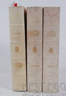 Die Gottliche Komodie / La Divina Commedia. Bayros: Dante Alighieri. Illus. Franz von Bayros. Amalthea Verlag: Vienna. 1921. Text in German and Italian. In 3 Volumes. German translation by Otto Gildemeister, edited by Karl Toth. White vellum spine