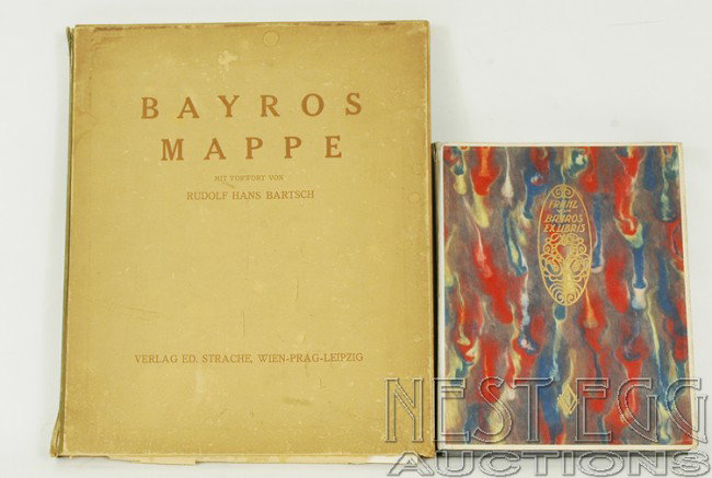 2 Folios. Illustrations of Franz von Bayros: Includes: Franz von Bayros Exlibris, having 39 tipped in bookplates (1 missing). 1922. Bayros Mappe with Forward by Rudolf Hans Bartsch. Box in poor condition.
