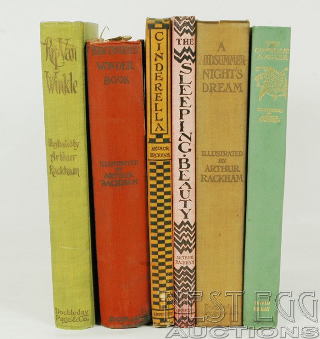 6 Books Illustrated by Arthur Rackham: Includes: Rip Van Winkle (1910), Hawthorne's Wonder Book (no date), Cinderella (no date), Sleeping Beauty (no date), A Midsummer Night's Dream (1914), The Complete Angler (no date). Various conditions