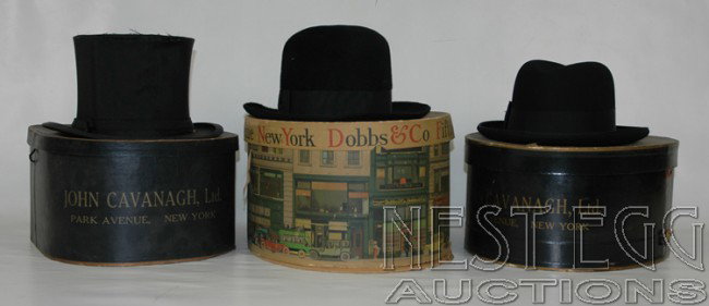 Group of three mens hats belonging to ACJ: Original boxes, Two Derby and One Top hat