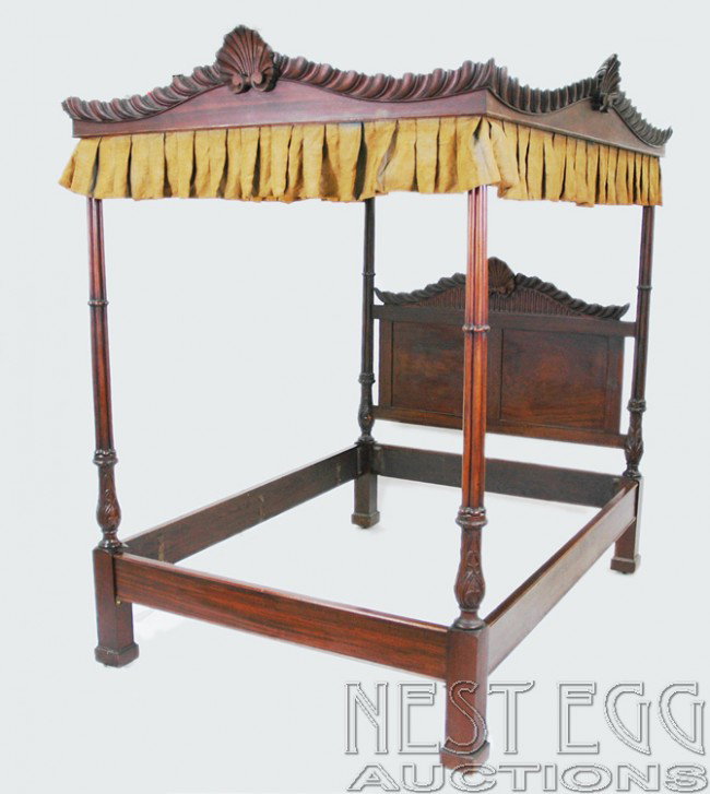 Carved mahogany Victorian canopy bed *: Exterior measurements: 89" H x 83" D x 62" W, Interior of rails measure: 56" W x 78.5" L, overall very good, some old repairs and marks * Not owned by ACJ