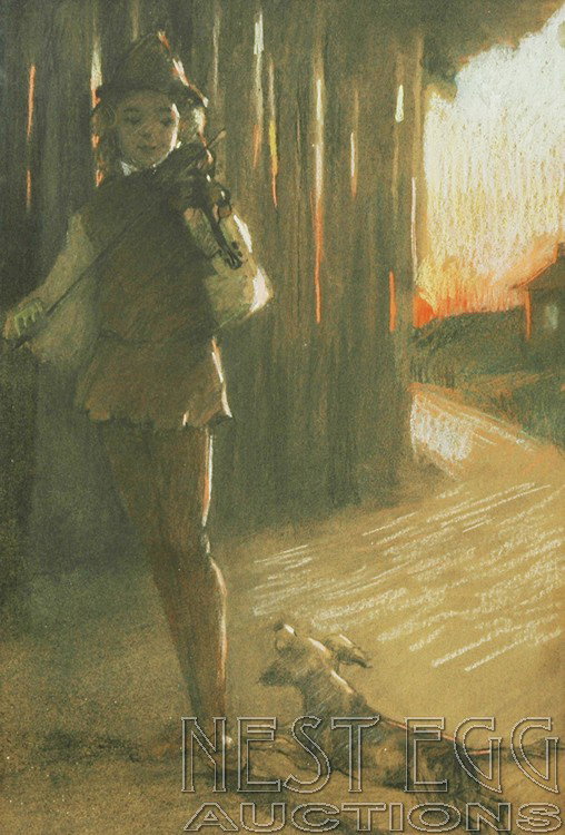 Unsigned pastel of girl playing violin w. dog: Frame as-is, approx 12" x 18"