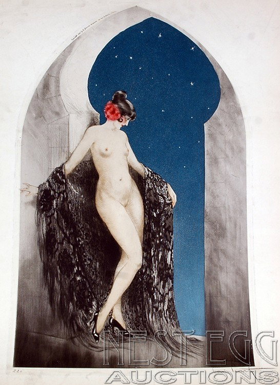 Louis Icart Etching of Woman in Arabian Window: Signed LR, numbered 220 LL, measures 26 x 20 overall, edges toned smudged and chipped, Copyright by Graveurs les Modernes Paris 1926