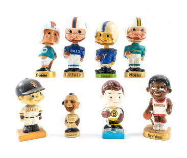 8 Sports Bobbleheads: Collection of 8 sports bobble head figures for American sports teams. Most marked made in Japan, ca. mid 20th century. Teams represented include the Miami Dolphins (2x) and the Buffalo Bills of the NF