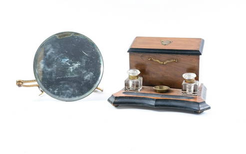 Antique Inkwell & Shaving Mirror: Vintage inkwell with stationary box and antique shaving mirror. American, European, or possibly Japanese, ca. late 19th - early 20th century. Inkwell includes two ink pots, a small brass bowl, and