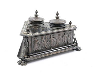 Leblanc Freres Bronze Inkwell - Classical: Leblanc Freres bronze inkwell with classical motifs in relief on three sides. French, 19th century. Good condition, patina and wear as expected. Marked "LEBLANC" on underside. 4 1/4" tall by 6 1/4"