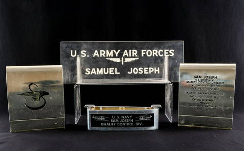 4 Sikorsky Aircraft & Military Items: Group lot of 4 related items from Sikorsky Aircraft and the United States Military. American, ca. mid 20th century. Set of Sikorsky helicopter blade bookends (aluminum), celebrating an employee's