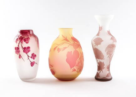 3 Cameo Glass Vases: Group of three cameo glass vases. European, ca. mid 19th - early 20th century. One Legras cameo glass vase. Clear glass, matte finish, with red painted floral decoration, signed. One Cristiro cameo gl