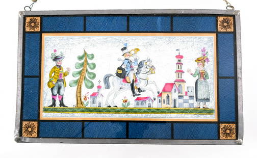 Antique European Enameled Glass Window: Antique European enameled glass window. German / Austrian / Polish, ca. mid to late 19th century. Depicts figure on horseback blowing a bugle with two people and Eastern European buildings in a