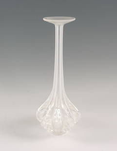 Lalique Claude Frosted Crystal Vase: Lalique frosted crystal vase. "Claude" pattern. French, ca. mid 20th century. Frosted and clear details. Good condition, includes Lalique sticker and pattern sticker ("CLAUDE 12 273"). One raised gran