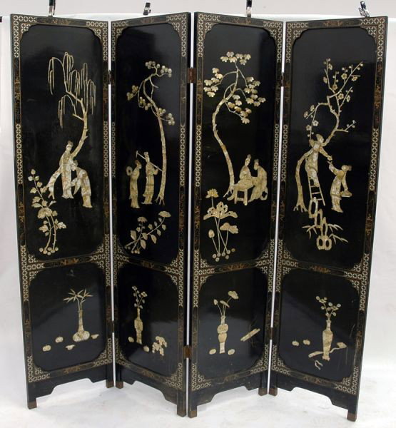 Chinese black Laquer privacy screen: areas of finish wear and loss from basement storage 72" x 72" total