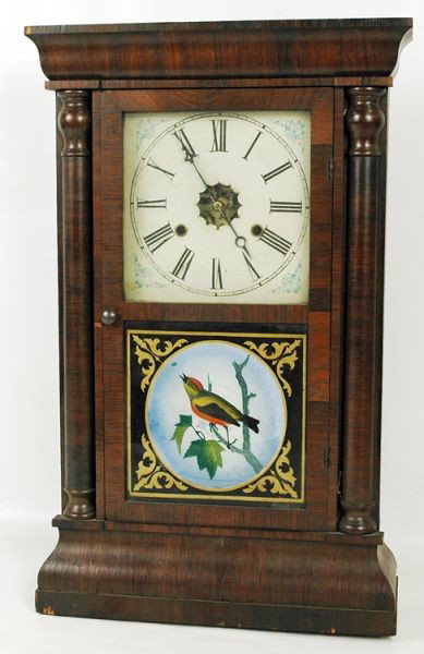 Antique New Haven Shelf Clock: Glass and case original, weights and cables restored at some point, 24.5" H x 15.5" W x 4.5" D