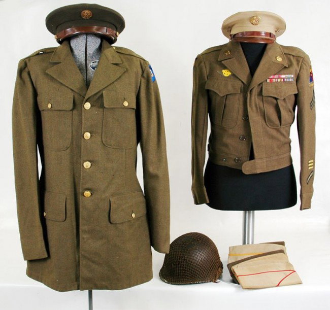 WWII US military uniform group: all estate found and original, includes original period swivel bail helmet with liner overall good, six caps, M4 Bayonet with Scabbard (both very crusty), medals, pins, whistle, Long Wool overcoat, Pa