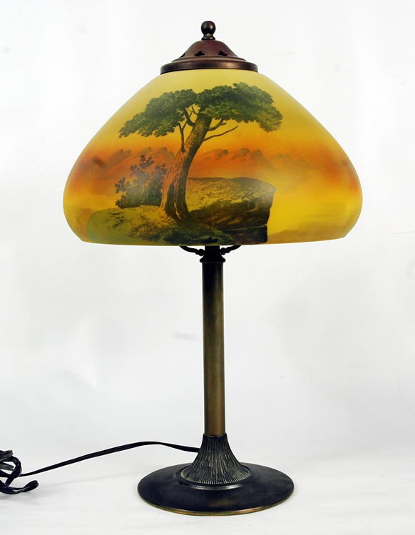 Obverse Painted Scenic Table Lamp 19": Unsigned, Attributed to Pittsburgh, Single center Socket with Pull Chain, working, Bronze and Brass Base, 19" Tall, Shade: 10" x 7" excellent condition