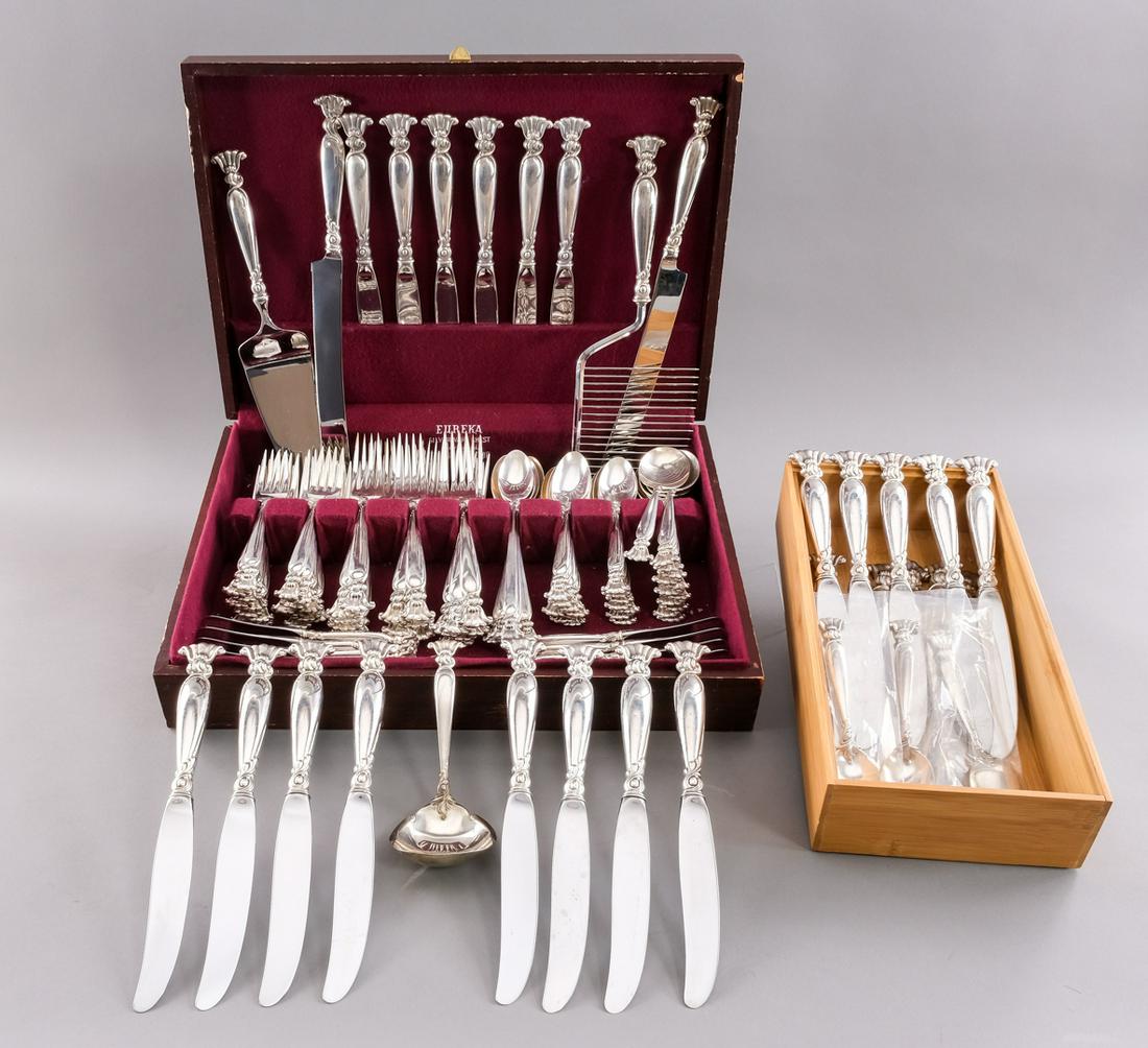 Wallace Romance of the Sea Sterling Flatware: Wallace Silversmiths Romance of the Sea sterling silver flatware. 115 pieces. American, ca. mid to late 20th century. 12 cream soup spoons (6" long). 16 table spoons (6" long). 8 iced tea spoons (7 3/