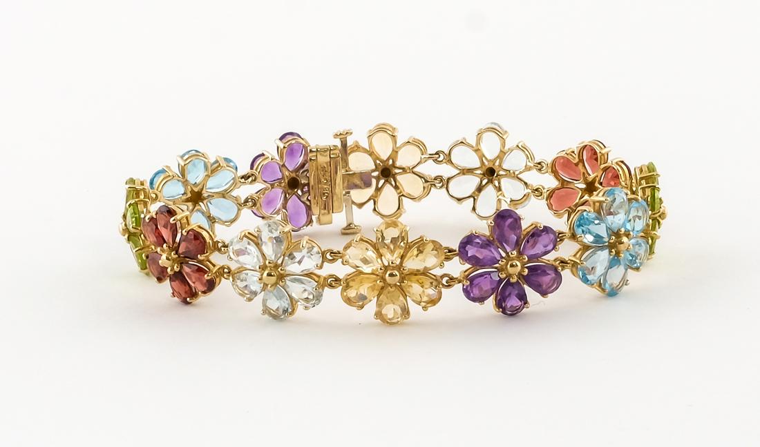 10K Yellow Gold & Gemstone Floral Bracelet (1 of 4)