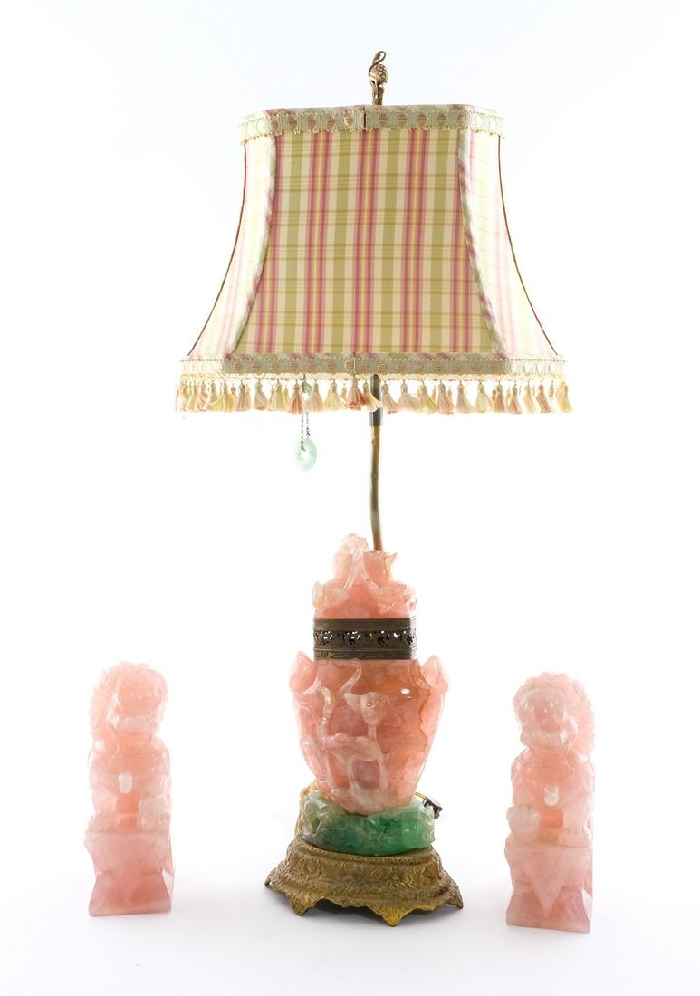 Carved Stone Lamp & 2 Rose Quartz Foo Dogs (1 of 9)