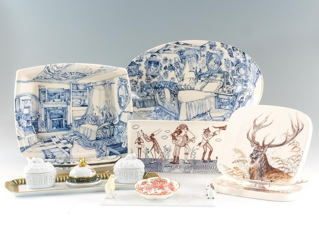 9 Pieces - European Porcelain + 4 Lewis Platters: 9 pieces of European porcelain. English and French, mid 20th century. 2 Gien Sologne vide poche platters with transfer decoration of a stag. 1 Gien sandwich platter depicting anthropomorphic animals w