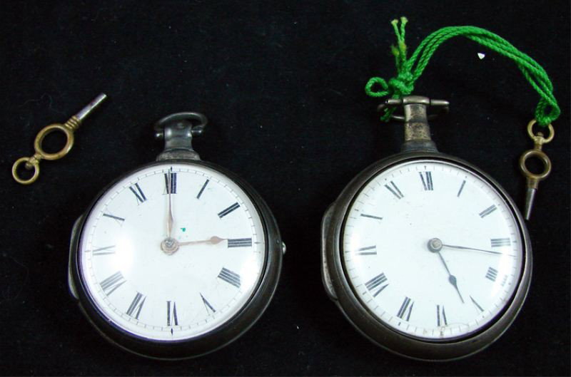 two English Fusee silver pair cased pocket watches: first case with paper label: Thos Nicholson, and mvt signed G. Anderson A.D. 1831, and second mvt marked Morris Tobias Liverpool, London, two keys included, neither watch running