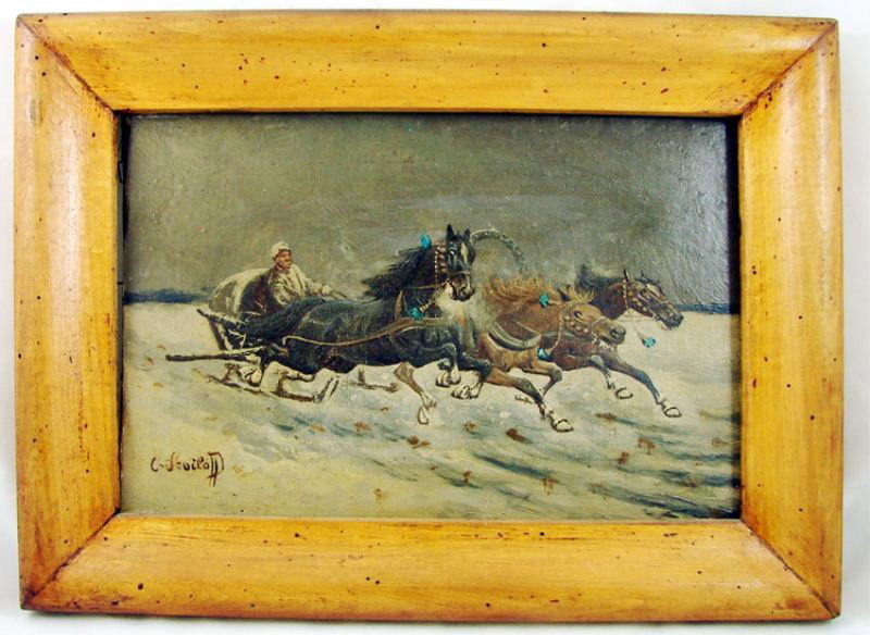 Adolf Baumgartner Constantin Stoiloff Russian OOC: Sleigh pulled by Horses, signed LL, framed, canvas size: 12" x 8"
