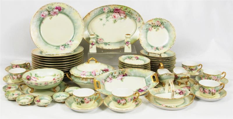 Fine Hand Painted French Limoges China Set: 71 Pieces Marked T&V Limoges and Haviland, Dinner plates marked Bavaria, all excellent condition, beautifully hand painted and signed "McW" Brief summary of pieces: 12 Dinner plates: 10 5/8", 7 cups, 