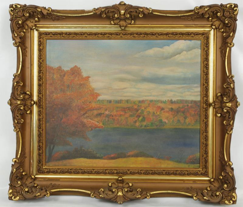 Oil on Canvas Fall Landscape Signed John Walker: canvas: 18" x 22", frame 32" x 27" frame with restorations and minor losses.
