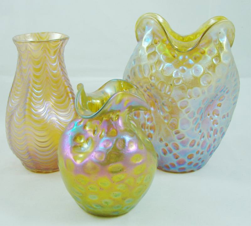 group of 3 Loetz Glass vases: 3.5", 4.5", 5.25" respectively. Excellent condition. All unsigned.