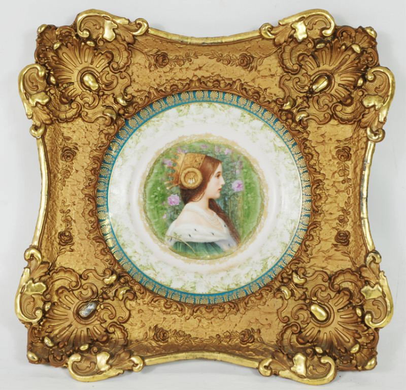Framed Austrian Porcelain Portrait Plate: Hand Painted Plate: 9.5", signed imperial crown china Austria, frame losses and repairs, plate very good.
