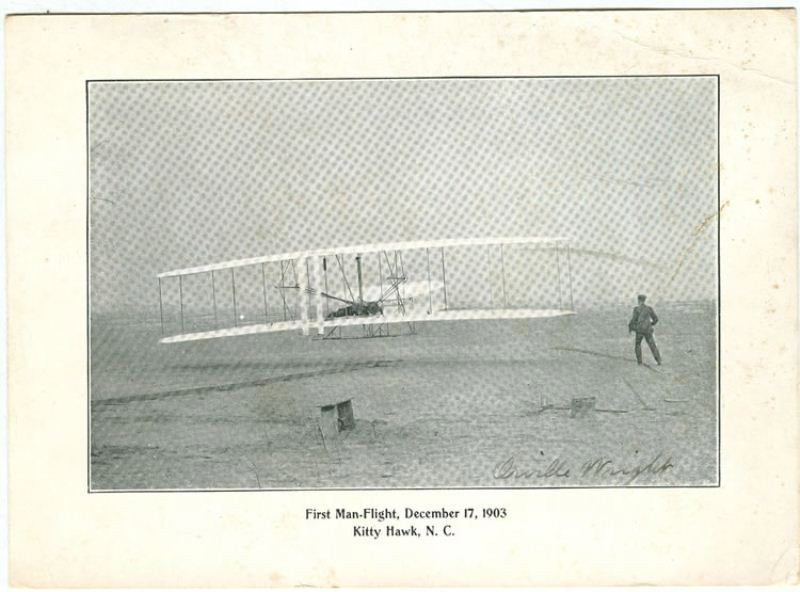 Orville Wright, Kittyhawk NC Signed Photo: 4..5" x 6.25", signed in ink lower left, minor corner and edge wear, caption reads: "First Man-Flight, December 17, 1903 / Kitty Hawk, N.C.