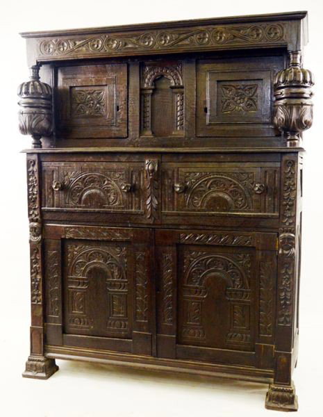 English Carved Oak Press Cupboard: most likely late 17th Century, Excellent carving, 61" H x 17th / 18th Century, 48" W x 20" D, condition is very good, some minor worm holes on back.