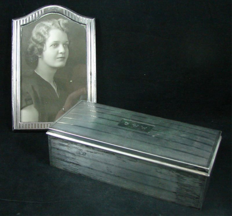 Art Deco Sterling Cigarette Box and Frame: Shreve Crump & Low, Frame: 7" x 5" missing stand prop, 1.4 OZT weighable, Box: 7.5" x 2.5" x 3.5" minor dents, approx 15 OZT (total weight including cedar lining)
