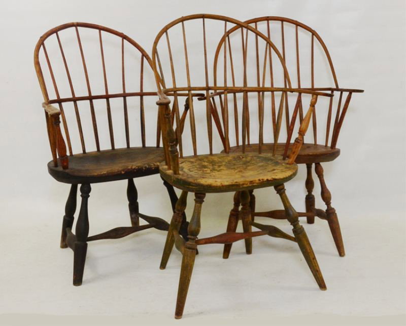 Three Similar Antique Sack Back Windsor Arm Chairs: Finish/paint varies, sold as-is. approx: 36" H x 26" W x 14" D each