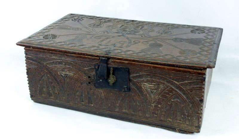 Antique English Carved Oak Bible Box: Dated 1696, with gothic arches throughout, original lock, hinges replaced, 23" W x 14" D x 8" H