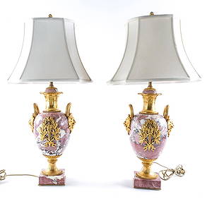 Pair of Louis XVI Style Pink Marble Lamps (1 of 8)