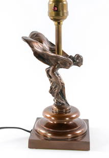 Bronze Spirit of Ecstasy Lamp: Bronze lamp with the famed "Spirit of Ecstasy". This sculpture was executed for Rolls-Royce as its hood ornament, based on an earlier sculpture by the sculptor Charles Robinson Sykes called "The Whisp