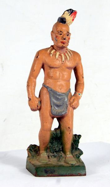 Cast iron indian brave door stop John Wright: John Wright cast iron indian brave doorstop. Original paint, with minor wear from age & use. Paint is chipped mostly on the back side of the piece. There is some paint missing from the arms, knee, nos