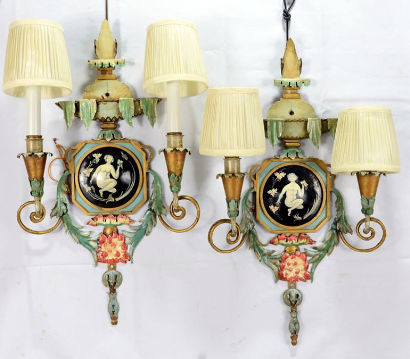 Pair of Continental Electrified Sconces: An exquisite pair of continental electrified sconces, most likely French or Italian. Period pieces, circa. 1900-1930. There are scratches and chips consistent with age and use. They each measure appro