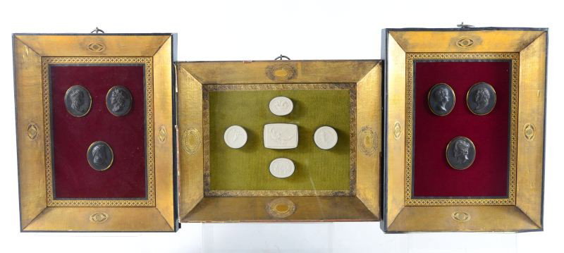 28 Framed Italian Grand Tour Plaster Cast Cameos: late 19th C. in Shadowbox frames of various sizes, one frame has loose glass and will need repair, overall a very nice group in very good condition