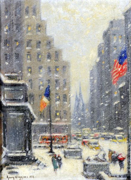 Guy Carleton Wiggins: New York Library in Storm: Signed Lower left: Guy Wiggins N.A., Oil on board, two flags, board measures 12" x 16", in a signed Fredrix NY frame measuring approx 20" x 16", a proper cleaning is recommended. Provenance: This Pain