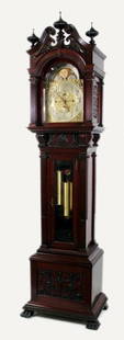 Late 19th C. Tiffany & Co Carved Grandfather Clock: Excellent Details and Carving throughout mahogany case. Sun / Moon Dial, 8 Bells, Westminster Chimes, Movement Marked W&H-ScH (Winterhalder & Hoffmier Schwartzenbach Germany) Case shows areas of