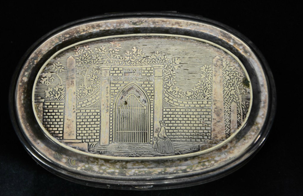 Charles Parker Co. Meriden CT silverplate Snuff Box: Silverplate Snuff Box, with Garden Scene on Lid, and sailing ship with lighthouse on Back 3.25"x .75" unsigned, Pat Date. Jan 24 1860, excellent condition