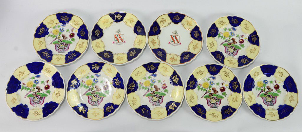 Chamberlain's Worcester English porcelain plates: Nine Imari Style. Two with coat of arms, the balance with floral design. each 9" minor chipping and design wear. overall very good. Most bear old Christie's Auctions tags.