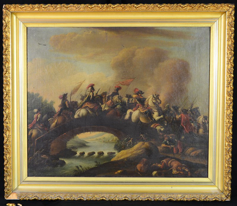 Oil on Canvas: 16th or 17th Century Battle Scene: Possibly Spanish or Portuguese battle scene with men on Horseback brandishing swords and blunderbuss pistols. Painting age is unknown, work is unsigned, or the signature has been removed at some stage