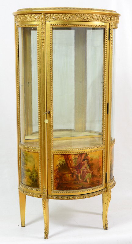 Late 19th/ Early 20th C. French Curio cabinet: With beautiful Gilt and ormolu work, fine hand painted panel on door. Excellent, original, bright condition, 55" H x 26" W x 14" D